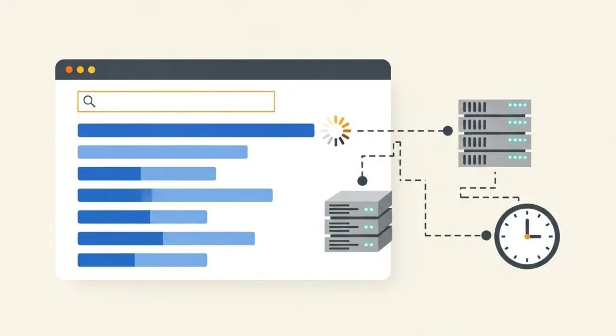 A search bar and loading bars connect to servers and a clock, illustrating Time to First Byte (TTFB) performance.