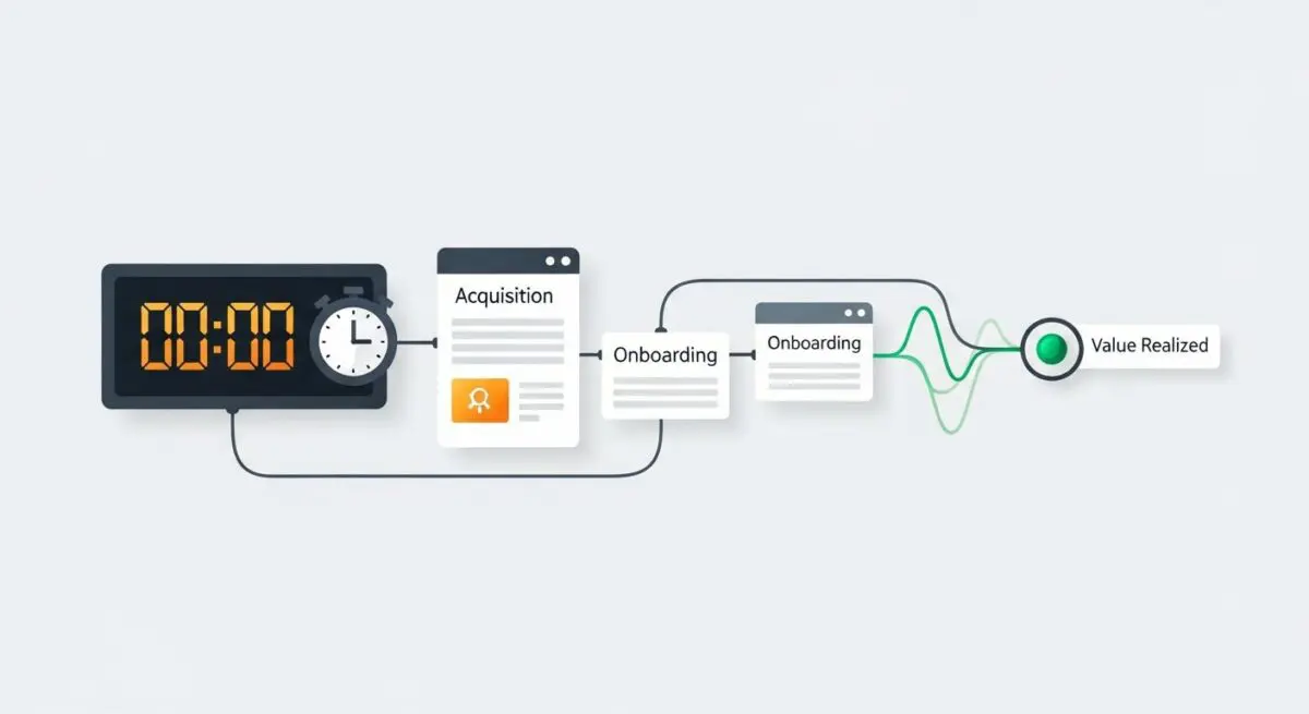Diagram illustrating the customer journey from acquisition and onboarding to value realization, with a stopwatch indicating Time to Value (TTV).
