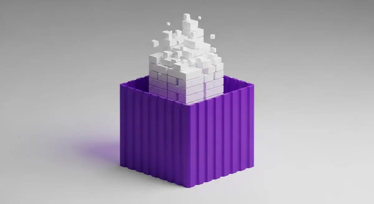 A purple container overflowing with stacked white cubes, illustrating the concept of token limit.