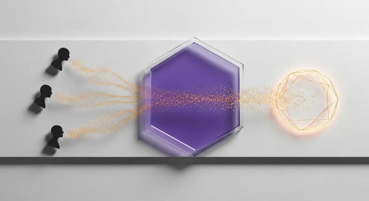 Three silhouetted heads emitting particles into a hexagonal prism, illustrating Top-K Sampling.