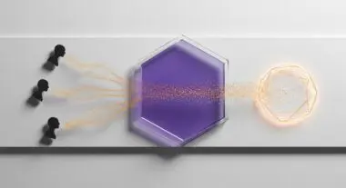 Three silhouetted heads emitting particles into a hexagonal prism, illustrating Top-K Sampling.