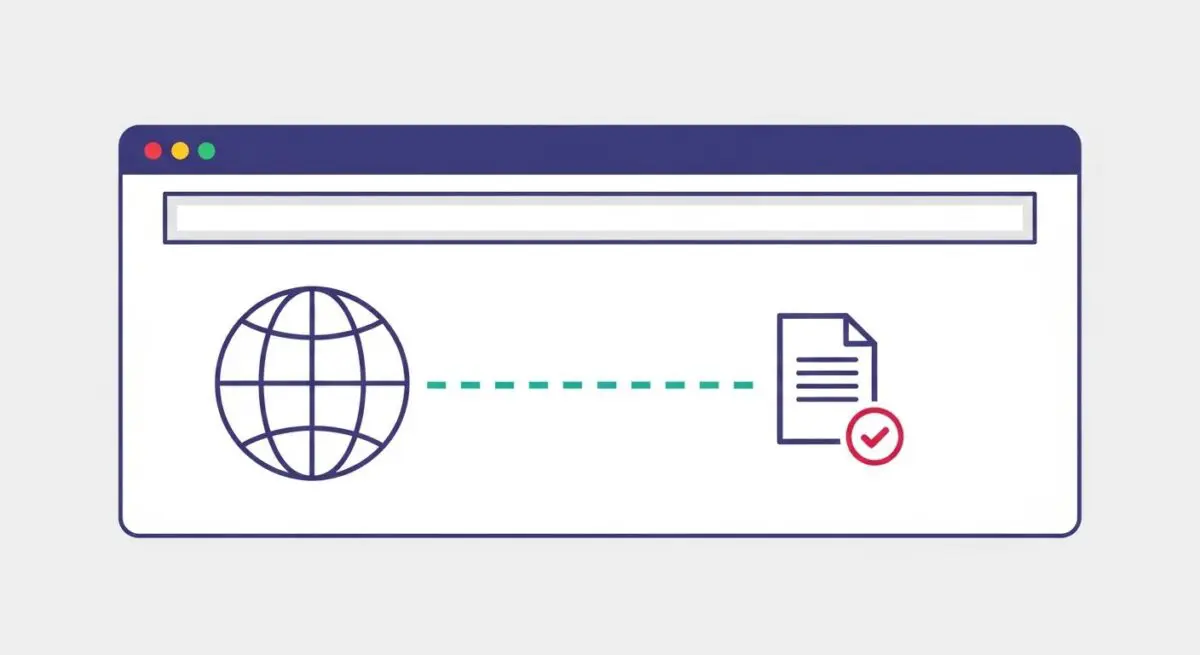 Browser window showing a globe connecting to a document with a checkmark, representing a Top-Level Domain.