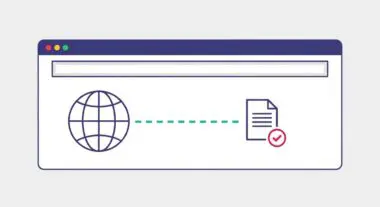 Browser window showing a globe connecting to a document with a checkmark, representing a Top-Level Domain.