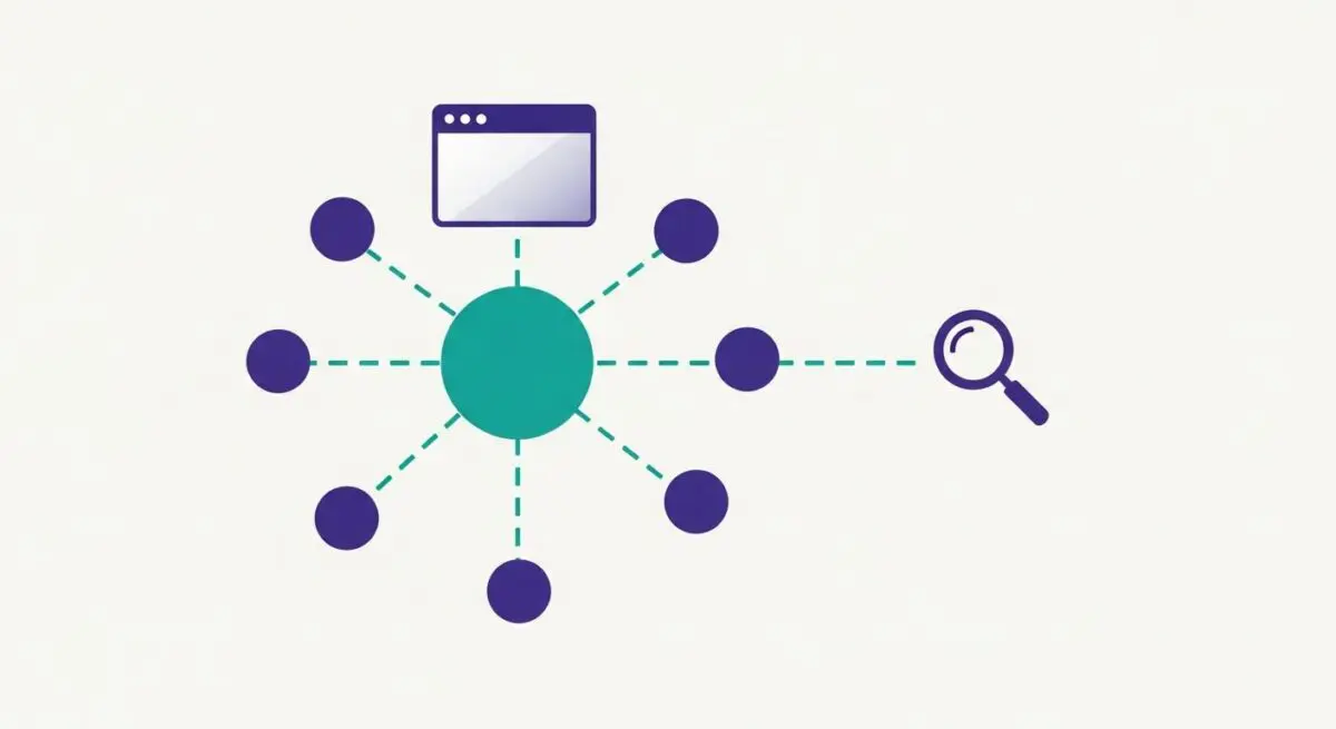 Diagram illustrating a central node connected to multiple related topics, representing a topic cluster strategy.