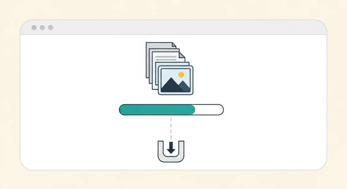 Illustrative representation of files and images being downloaded, indicating progress towards reducing total page weight.