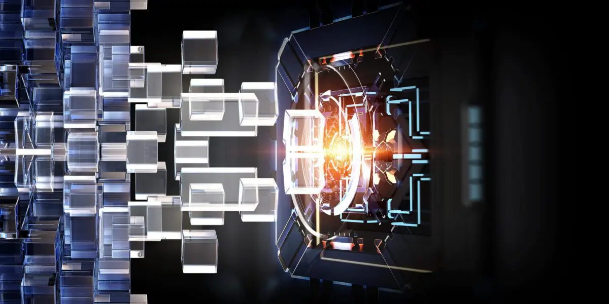 Futuristic digital processor core glowing with intense light and surrounded by floating glass cubes.