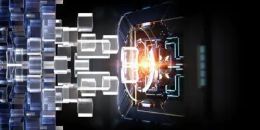 Futuristic digital processor core glowing with intense light and surrounded by floating glass cubes.