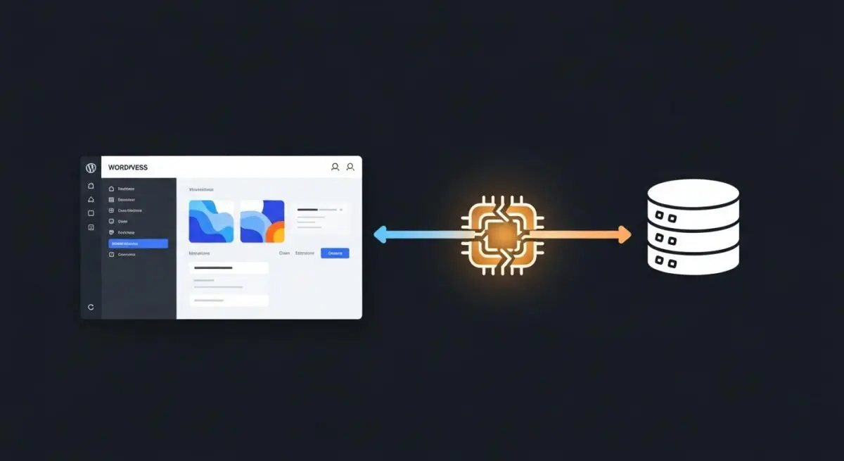 Diagram showing data flow from WordPress admin to database via a central processing unit, illustrating Transient API.