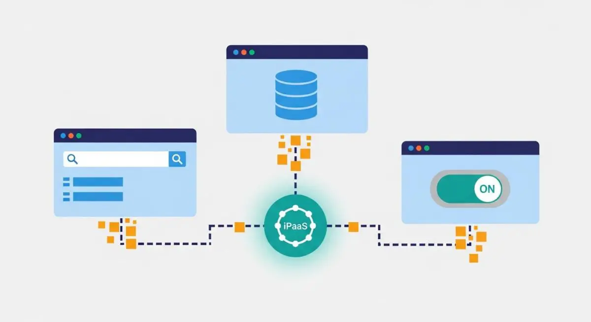Diagram showing interconnected applications with the Tray.io iPaaS platform at the center, facilitating data flow.