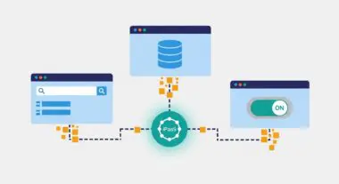 Diagram showing interconnected applications with the Tray.io iPaaS platform at the center, facilitating data flow.