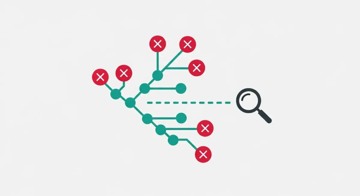 Diagram illustrating tree shaking by removing unused code branches, visualized with a magnifying glass examining a code structure.