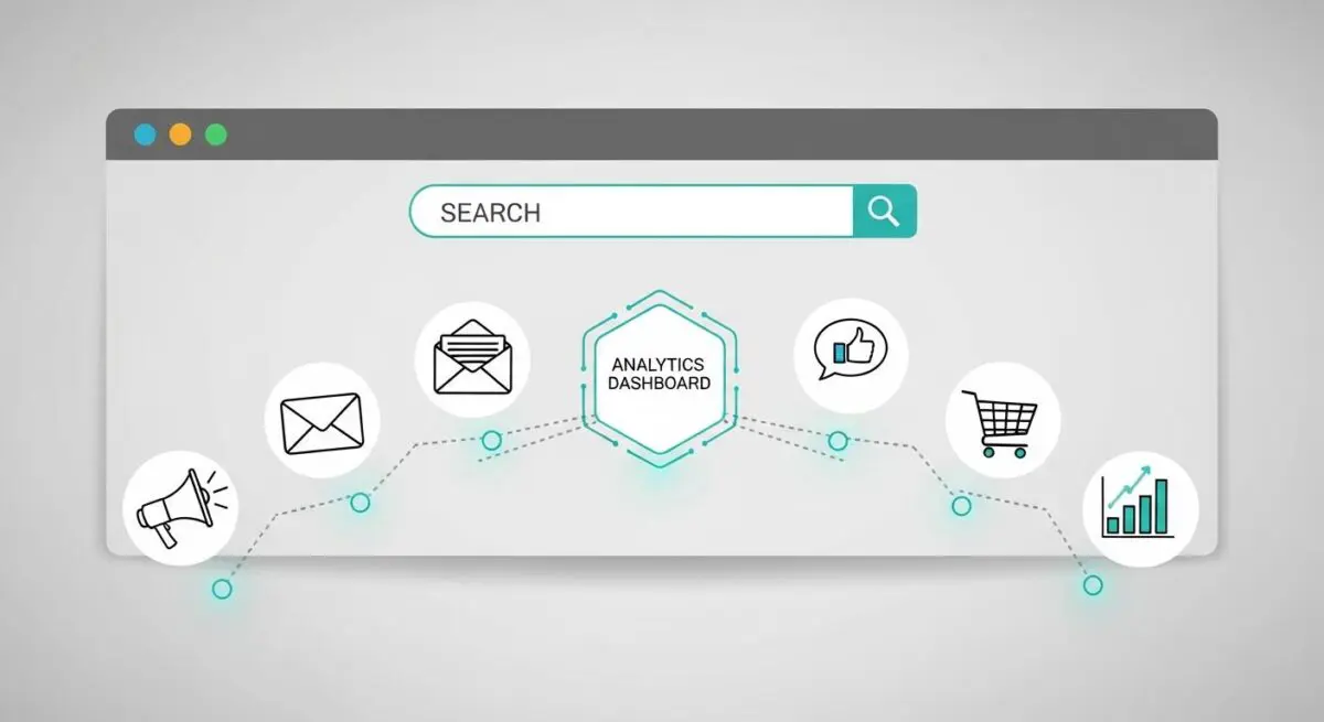 Icons representing marketing channels connected to an analytics dashboard, illustrating UTM parameter tracking.