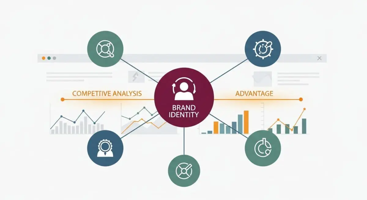 Diagram illustrating how brand identity influences competitive analysis and advantage, key elements of a Unique Selling Proposition.