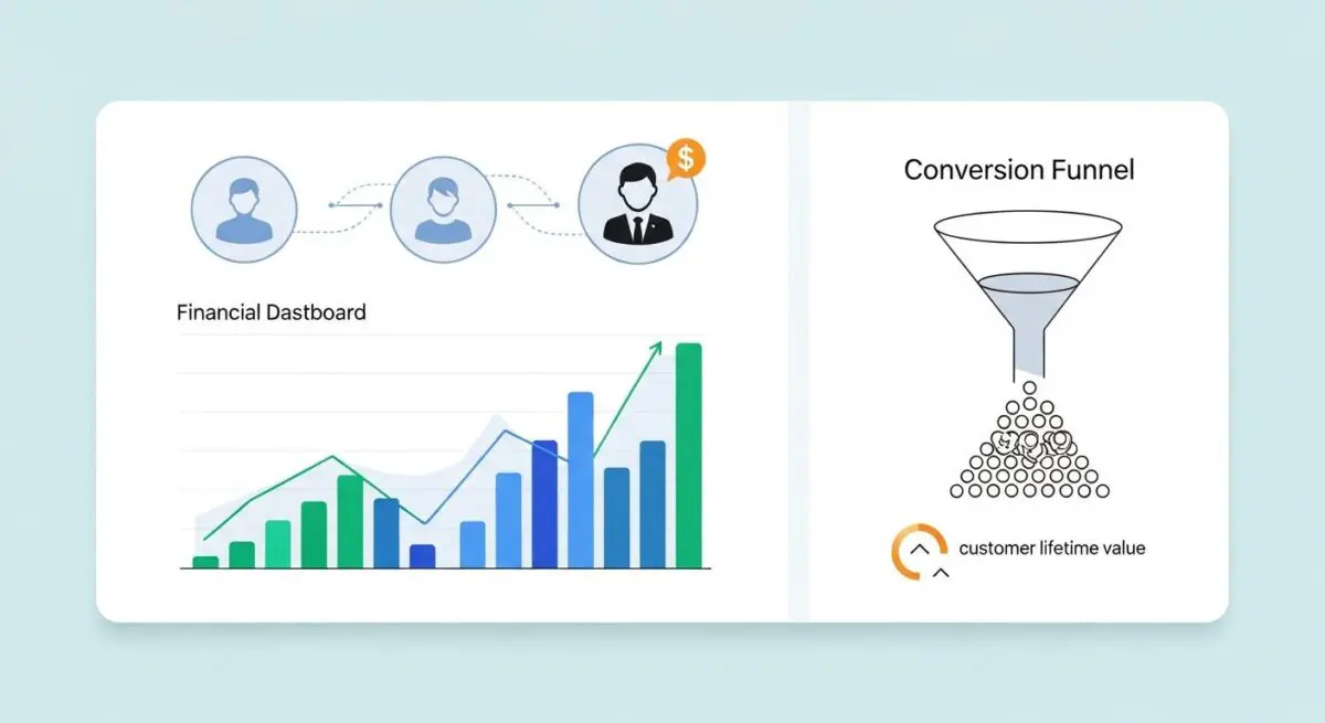 Diagram illustrating a financial dashboard and conversion funnel, showing upward trends indicating upsell revenue growth.