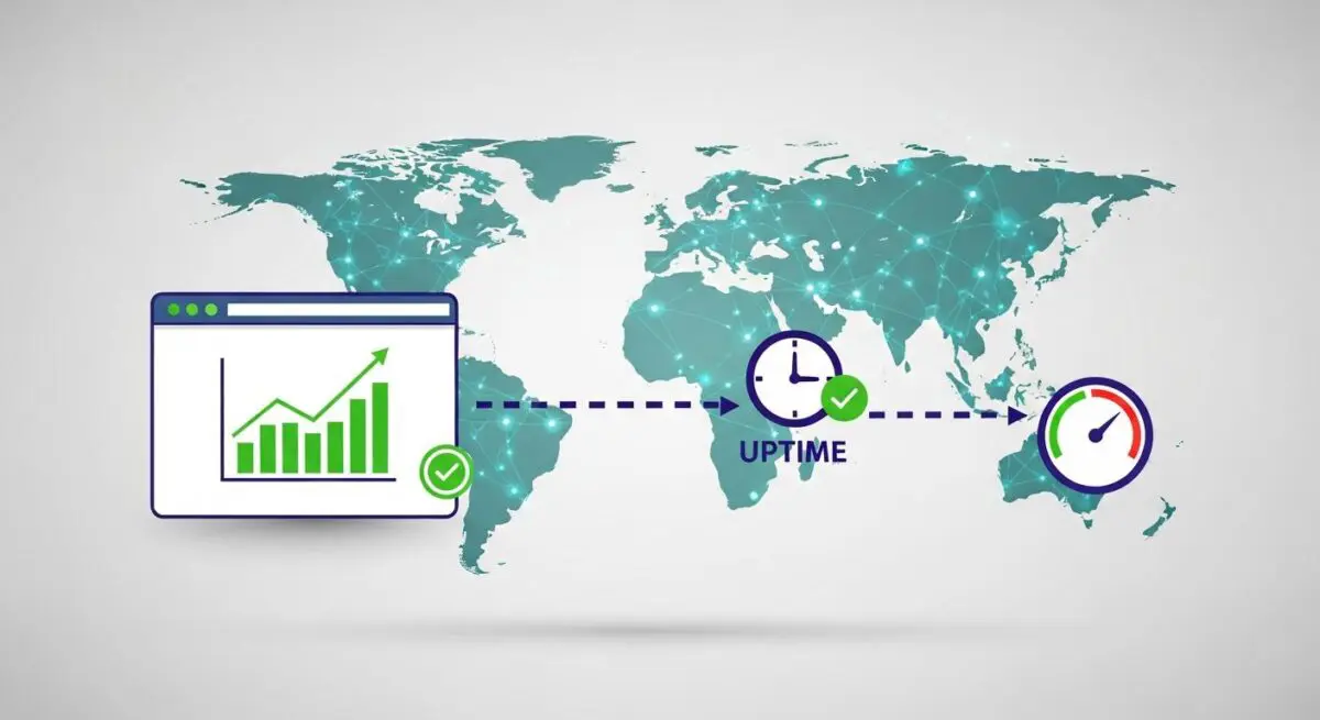 Global map with connecting dots representing network and a dashboard showing uptrends.