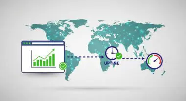 Global map with connecting dots representing network and a dashboard showing uptrends.