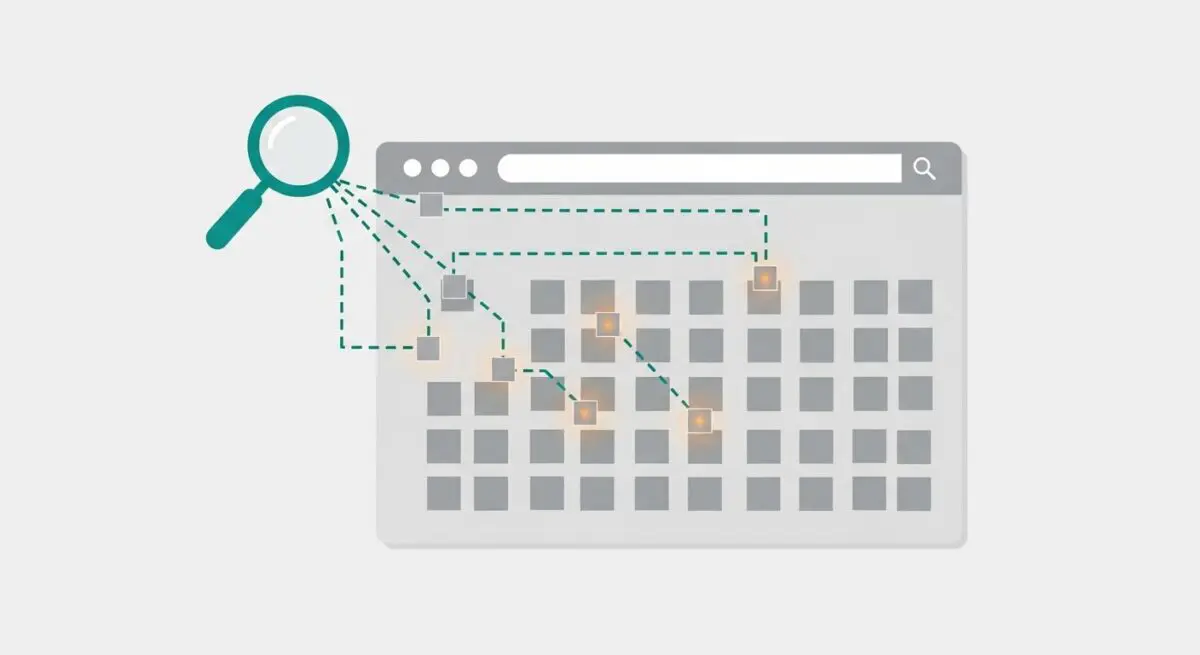 Magnifying glass highlighting a grid representing user behavior analytics data.