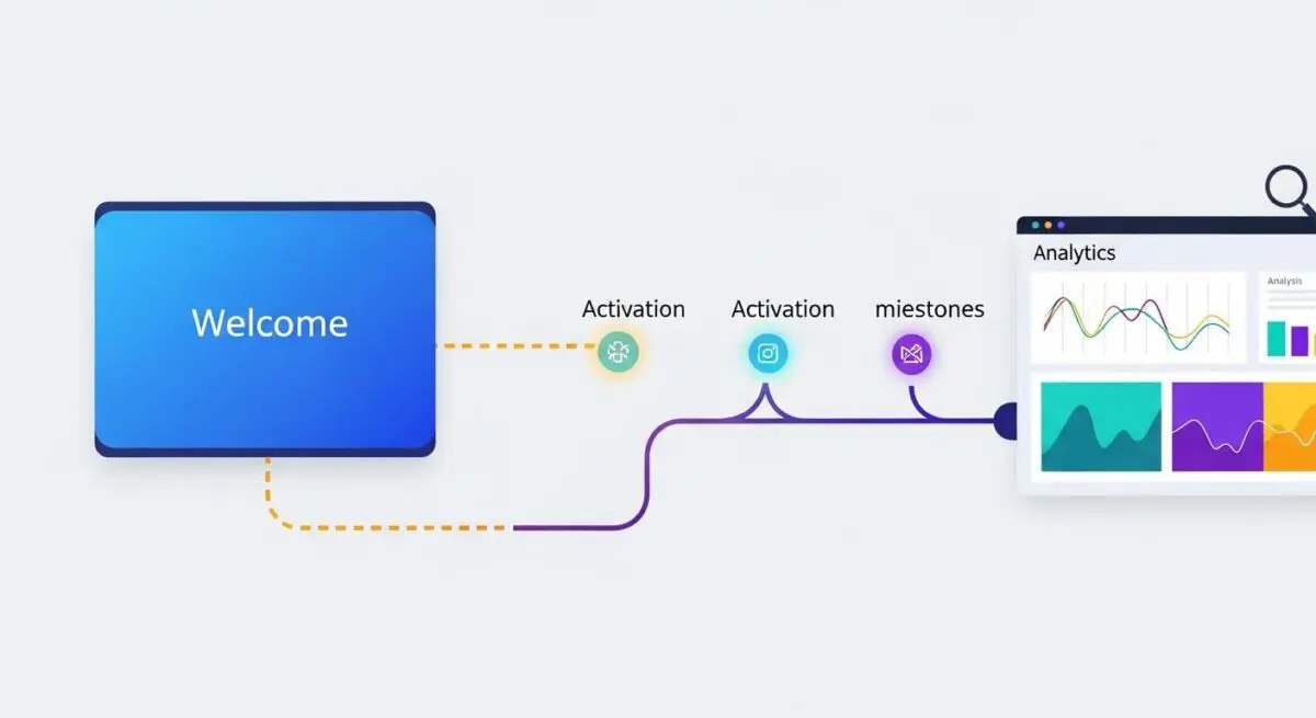 Diagram showing steps from 'Welcome' to activation and milestones, leading to analytics, illustrating user onboarding.