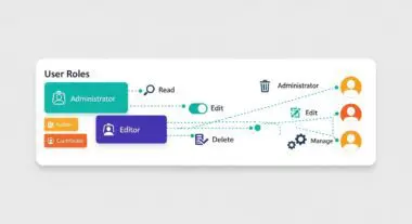 Diagram illustrating WordPress User Roles and Capabilities like Administrator, Editor, Author, and Contributor with associated permissions.