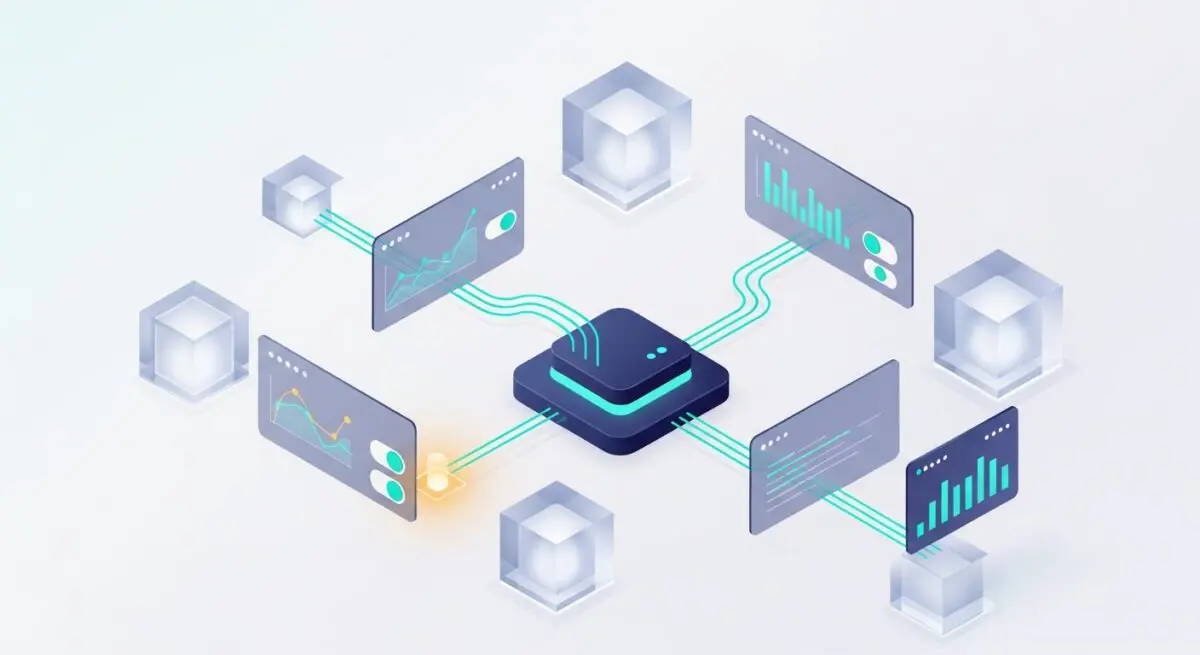 Abstract data network connecting charts and cubes, symbolizing using AI to move from intuition to insight.