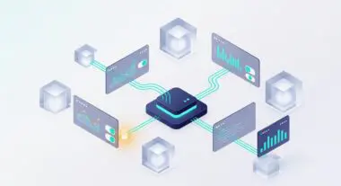 Abstract data network connecting charts and cubes, symbolizing using AI to move from intuition to insight.