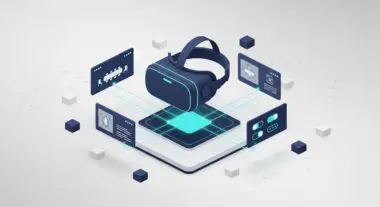 VR headset enabling collaborative work and virtual meetings with abstract data interfaces.