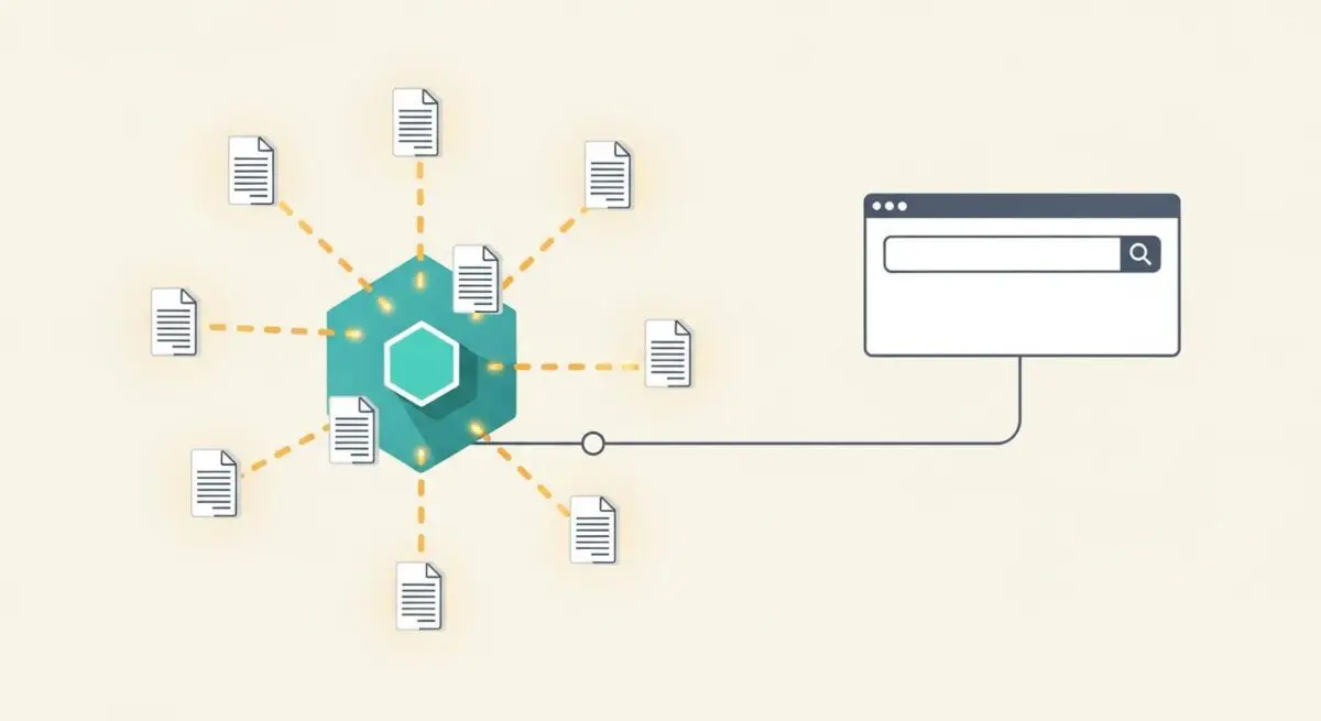 Hexagonal structure connected to documents, symbolizing vector embedding for search.