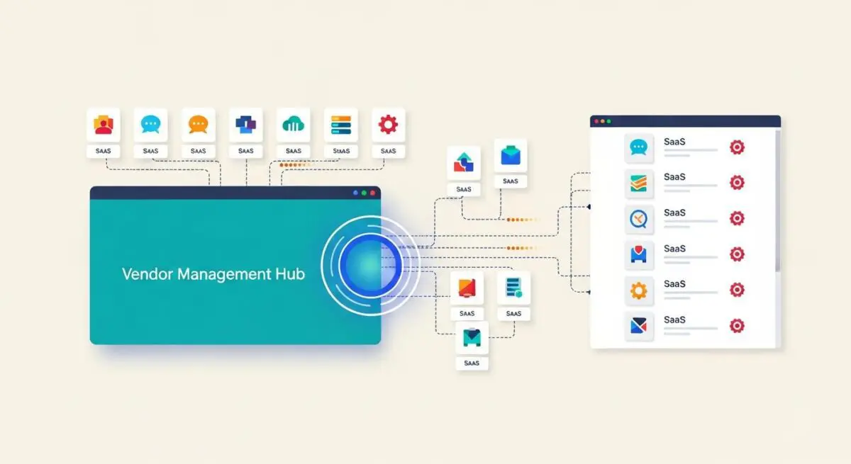 Diagram showing a central 'Vendor Management Hub' connecting to various SaaS applications via dotted lines.