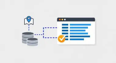 Data flow from databases with a location pin to a dashboard displaying verifiable statistics with a checkmark.