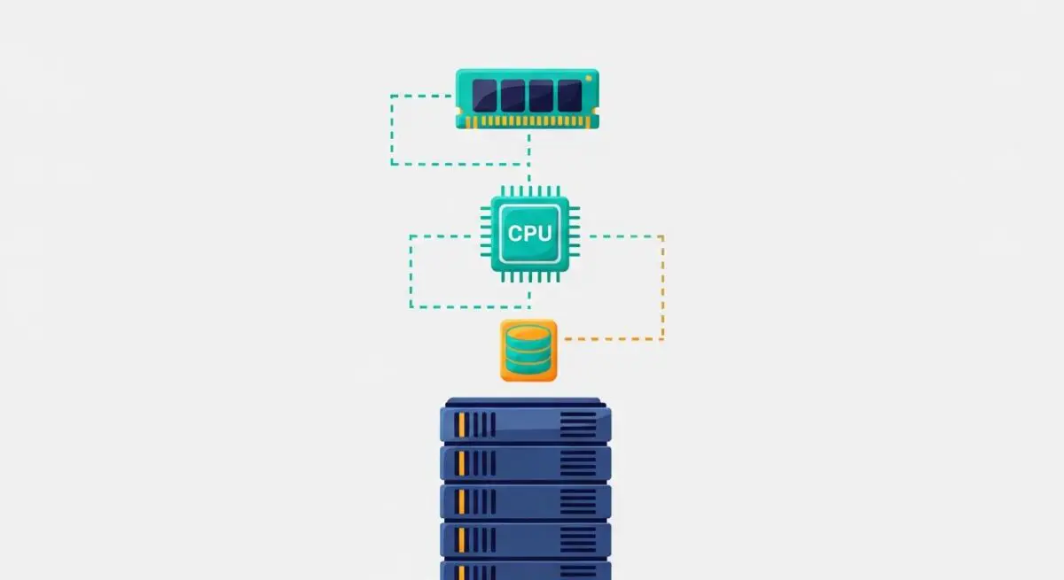 Diagram illustrating vertical scaling with RAM, CPU, and stacked servers.