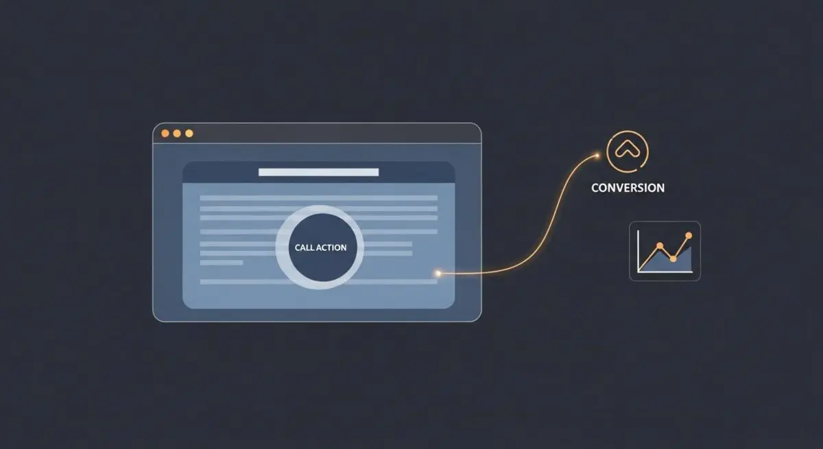 Illustration showing a website with a call to action leading to a conversion icon and growth chart, representing View-Through Conversion.