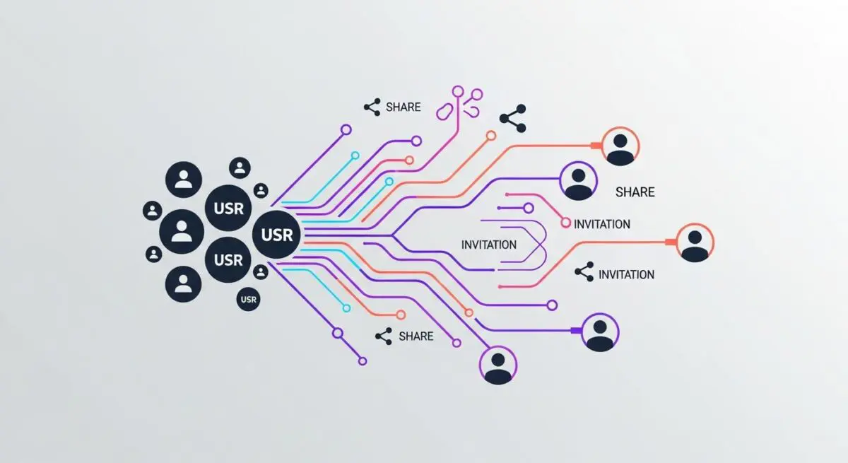 Diagram illustrating users sharing invitations and content, conceptualizing Viral Coefficient growth.