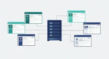 Diagram showing a central server connected to multiple virtual private server instances running WordPress.