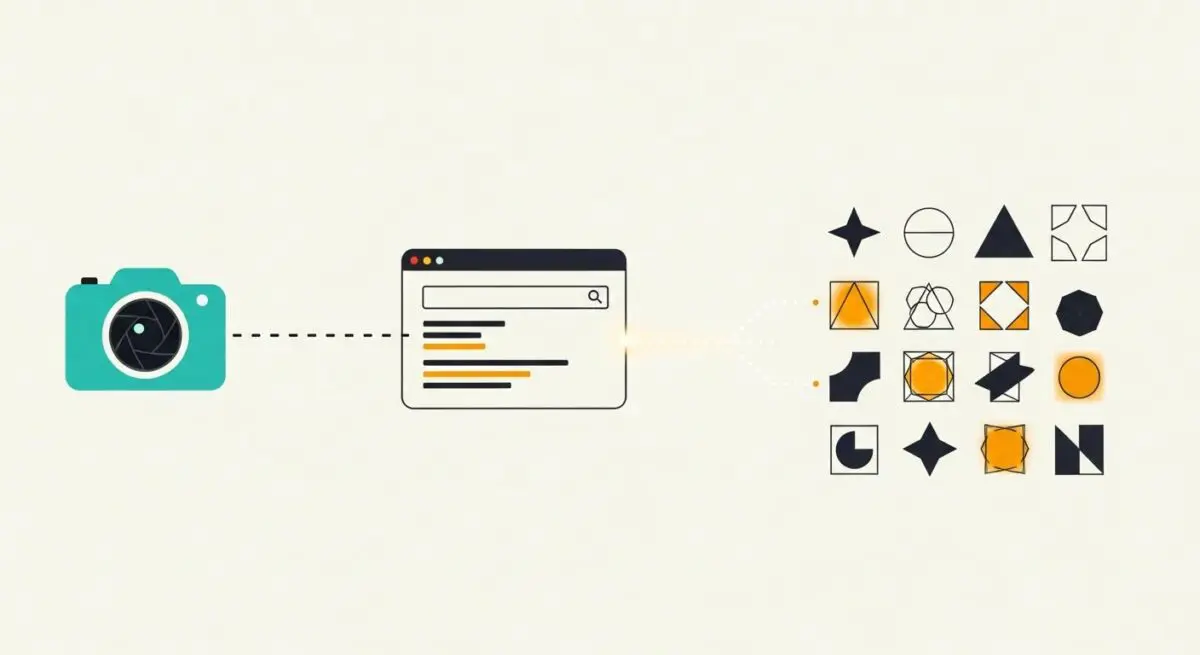 Diagram showing a camera feeding data into a search interface, leading to Vision-AI processing of shapes.