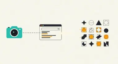 Diagram showing a camera feeding data into a search interface, leading to Vision-AI processing of shapes.