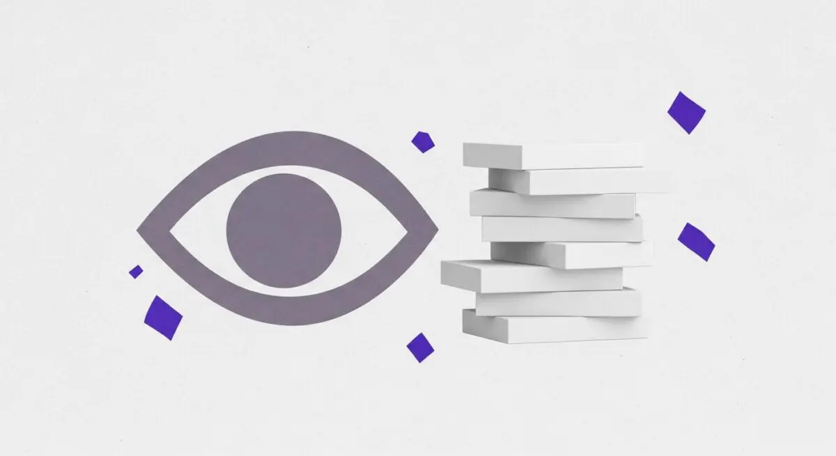 A stylized eye icon next to a stack of white blocks, representing a Vision-Language Model's processing.