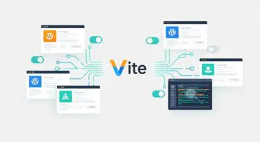 Vite logo connecting various web development interfaces, suggesting efficient development workflows.