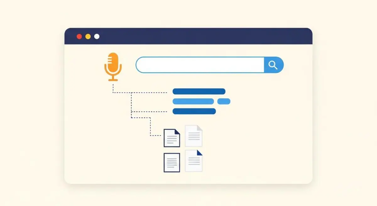 Illustration showing a microphone icon connecting to a search bar, representing Voice Search SEO strategy.