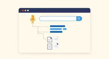Illustration showing a microphone icon connecting to a search bar, representing Voice Search SEO strategy.