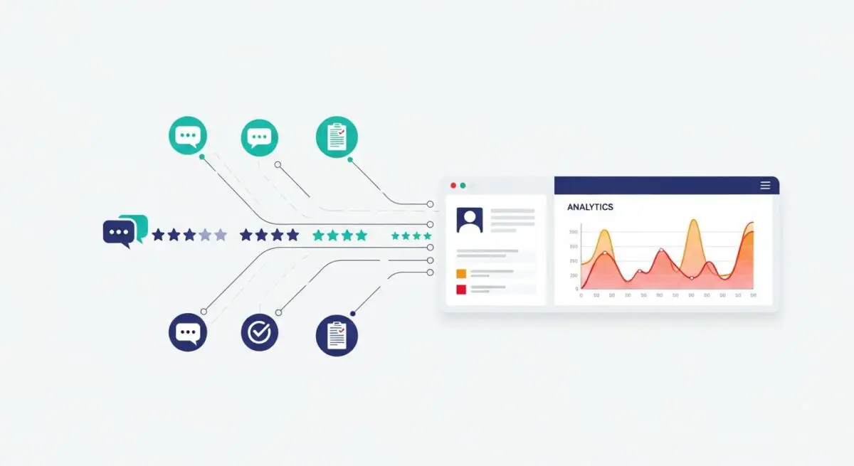 Customer feedback stars and chat bubbles feeding into analytics dashboard for Voice of the Customer (VoC) insights.