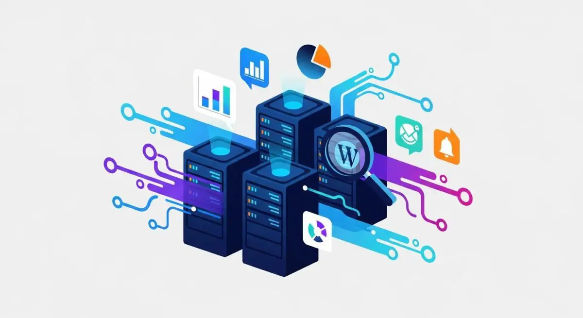 Abstract illustration of Vultr servers with data connections and analytics icons.