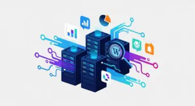 Abstract illustration of Vultr servers with data connections and analytics icons.