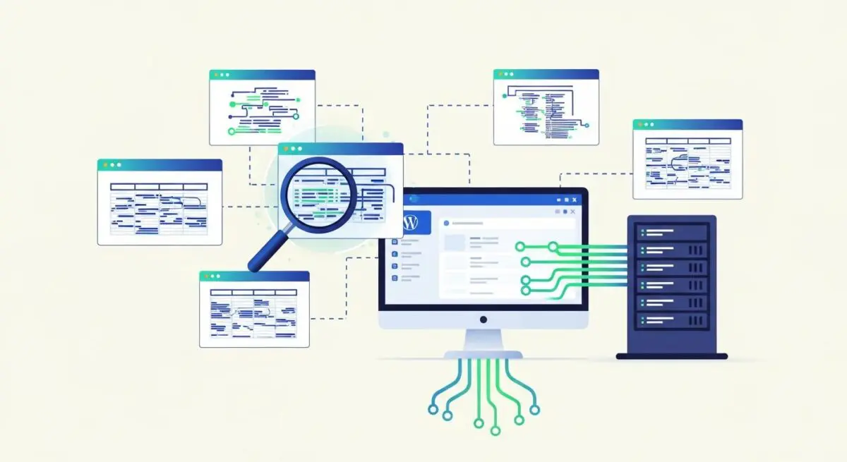 Diagram showing data flowing from multiple windows into a computer displaying WP All Import, connecting to a server.