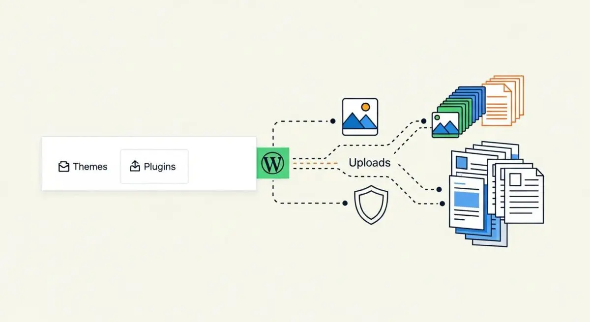 Diagram showing WP-Content directory structure with themes, plugins, and uploads flowing out of WordPress.