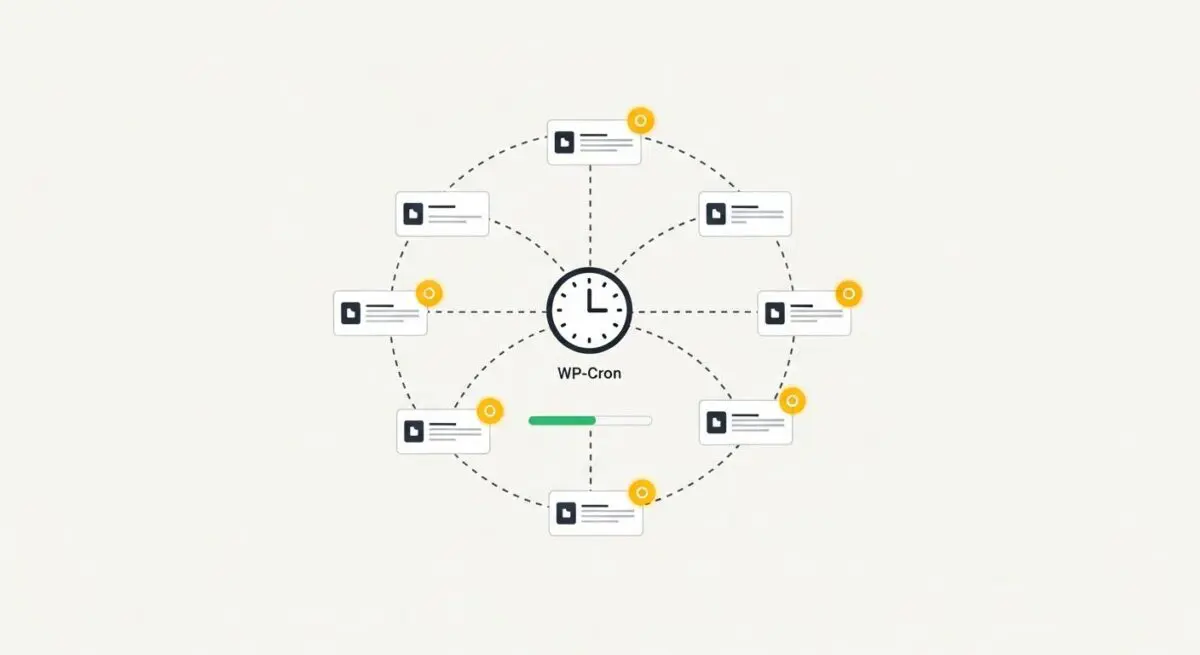 Diagram illustrating WP-Cron scheduling tasks around a central clock.