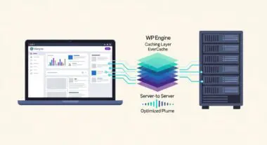Diagram illustrating WP Engine EverCache's layered caching system connecting a dashboard to servers.