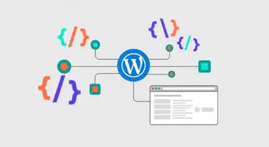 WordPress logo connected to code snippets and a browser window, illustrating WP-JSON API integration.