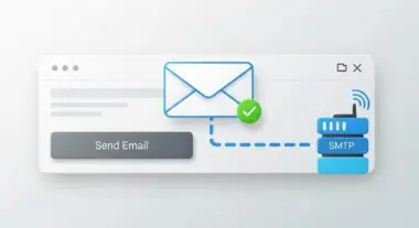 A diagram showing a 'Send Email' button connecting to an SMTP server icon, signifying reliable email delivery via WP Mail SMTP.