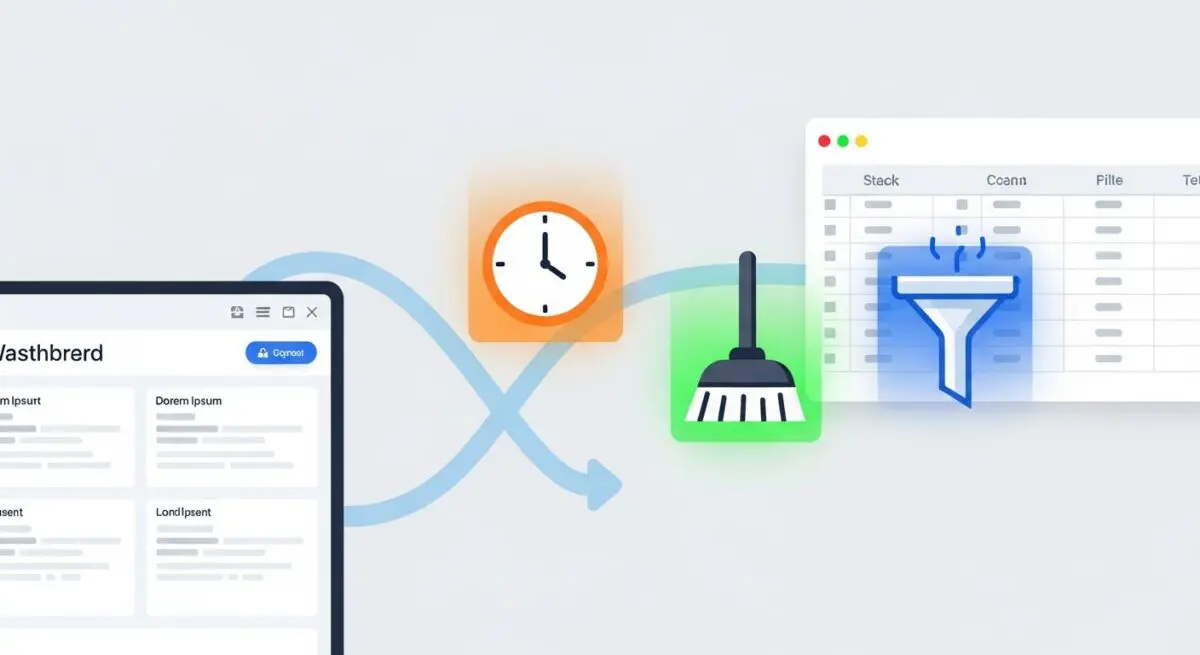 Conceptual illustration of WP-Optimize showing data cleaning, time optimization, and filtering for better website performance.