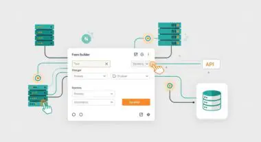 Form builder interface connecting to API and database, illustrating WPForms integration capabilities.
